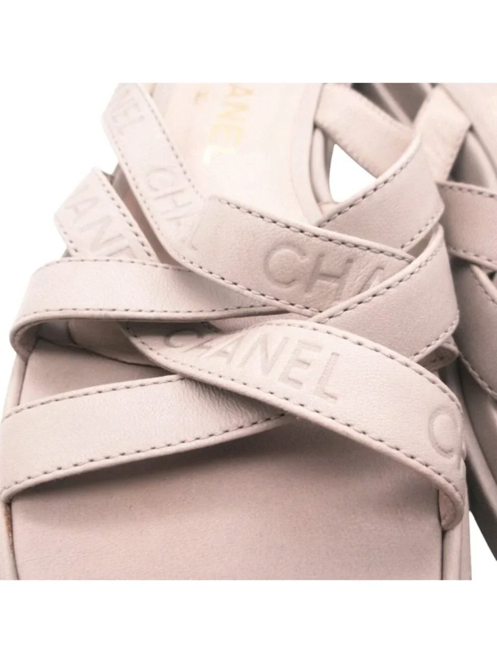 Chanel Sandals Leather Logo Cross Belt Strap Shoes Gray Green